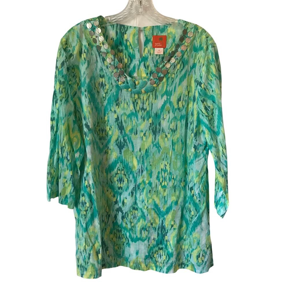 Hearts of Palm Size 14 Womens Blouse Top Tunic Tropical Ikat Green Aqua Resort